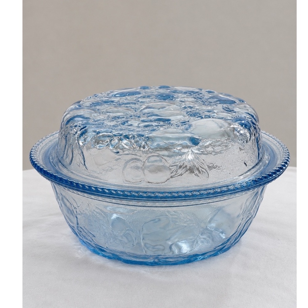 Vintage Libbey Blue Glass Fruit Harvest Covered Casserole Dish Round 10.5 inch